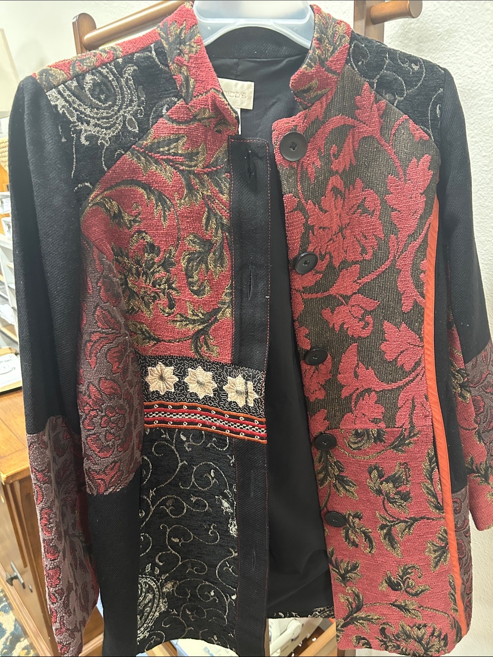 Boho Floral Patchwork Jacket - Red & Black Chicos Antique Jacquard Flawed